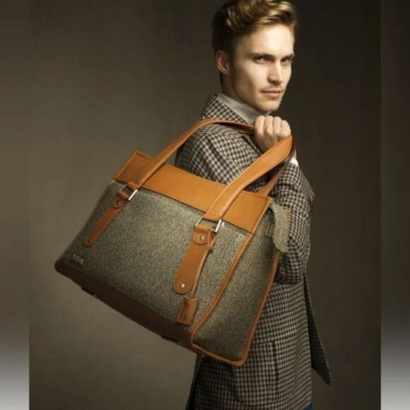 Hartmann Grey Tweed Leather Trim Shoulder Classic Business Bag 13x17x7 Briefcase - Picture 3 of 16